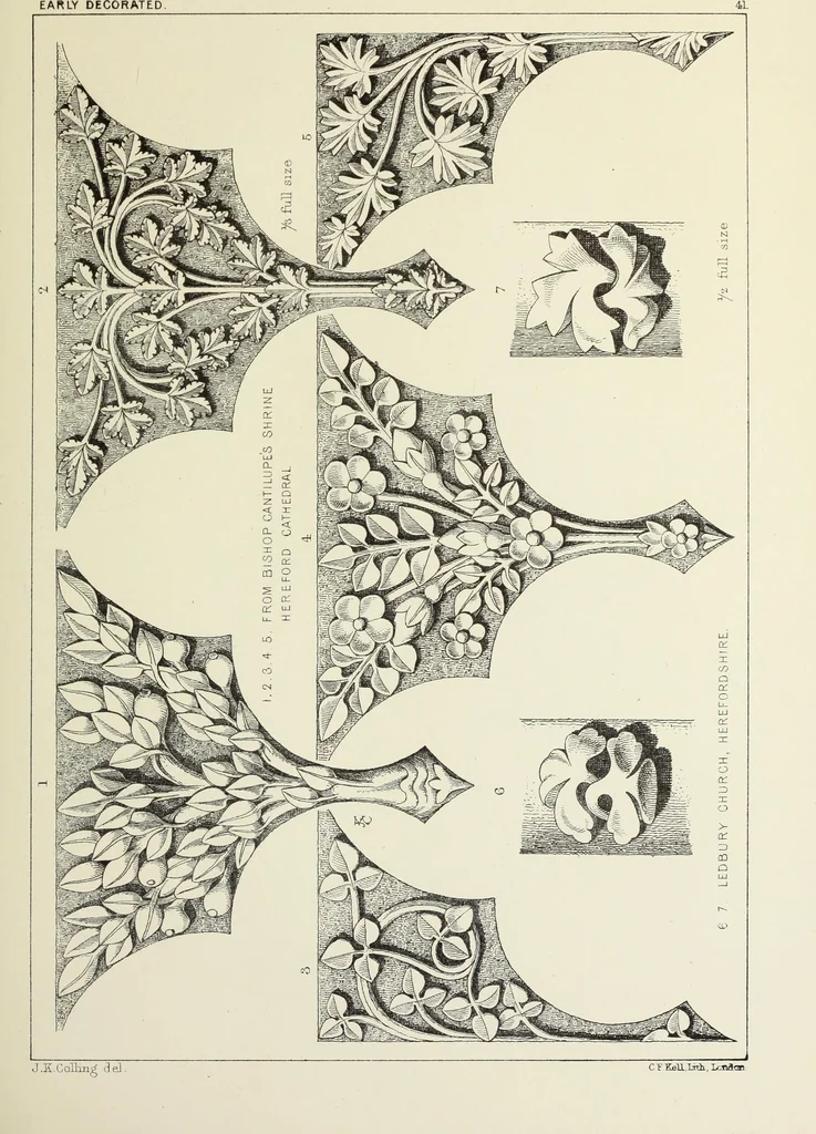 An illustration from Examples of English mediaeval foliage and coloured decoration, taken from buildings of the twelfth to the fifteenth century: with descriptive letterpress, 1874, leaf 233