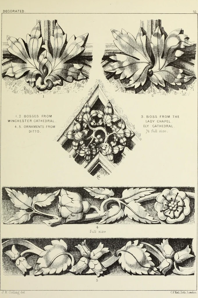 An illustration from Examples of English mediaeval foliage and coloured decoration, taken from buildings of the twelfth to the fifteenth century: with descriptive letterpress, 1874, leaf 289