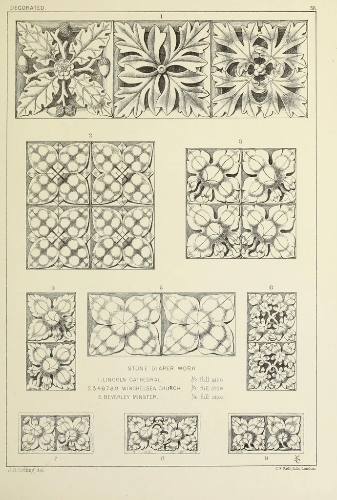 An illustration from Examples of English mediaeval foliage and coloured decoration, taken from buildings of the twelfth to the fifteenth century: with descriptive letterpress, 1874, leaf 301