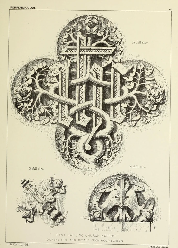 An illustration from Examples of English mediaeval foliage and coloured decoration, taken from buildings of the twelfth to the fifteenth century: with descriptive letterpress, 1874, leaf 313