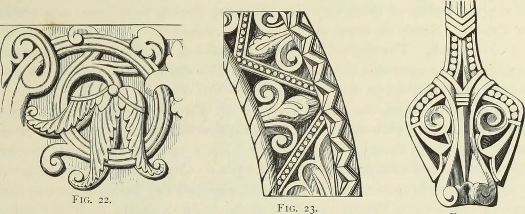 An illustration from Examples of English mediaeval foliage and coloured decoration, taken from buildings of the twelfth to the fifteenth century: with descriptive letterpress, 1874, leaf 33