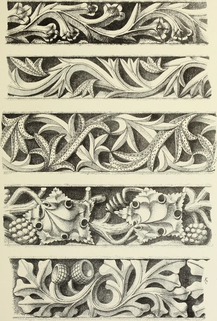 An illustration from Examples of English mediaeval foliage and coloured decoration, taken from buildings of the twelfth to the fifteenth century: with descriptive letterpress, 1874, leaf 333