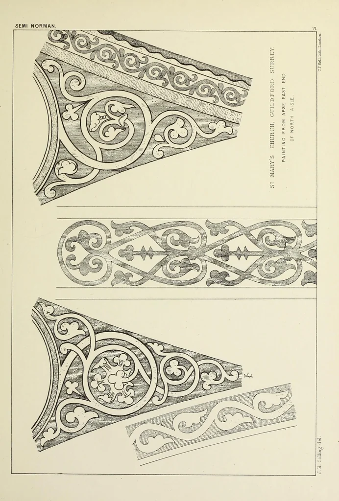 An illustration from Examples of English mediaeval foliage and coloured decoration, taken from buildings of the twelfth to the fifteenth century: with descriptive letterpress, 1874, leaf 353