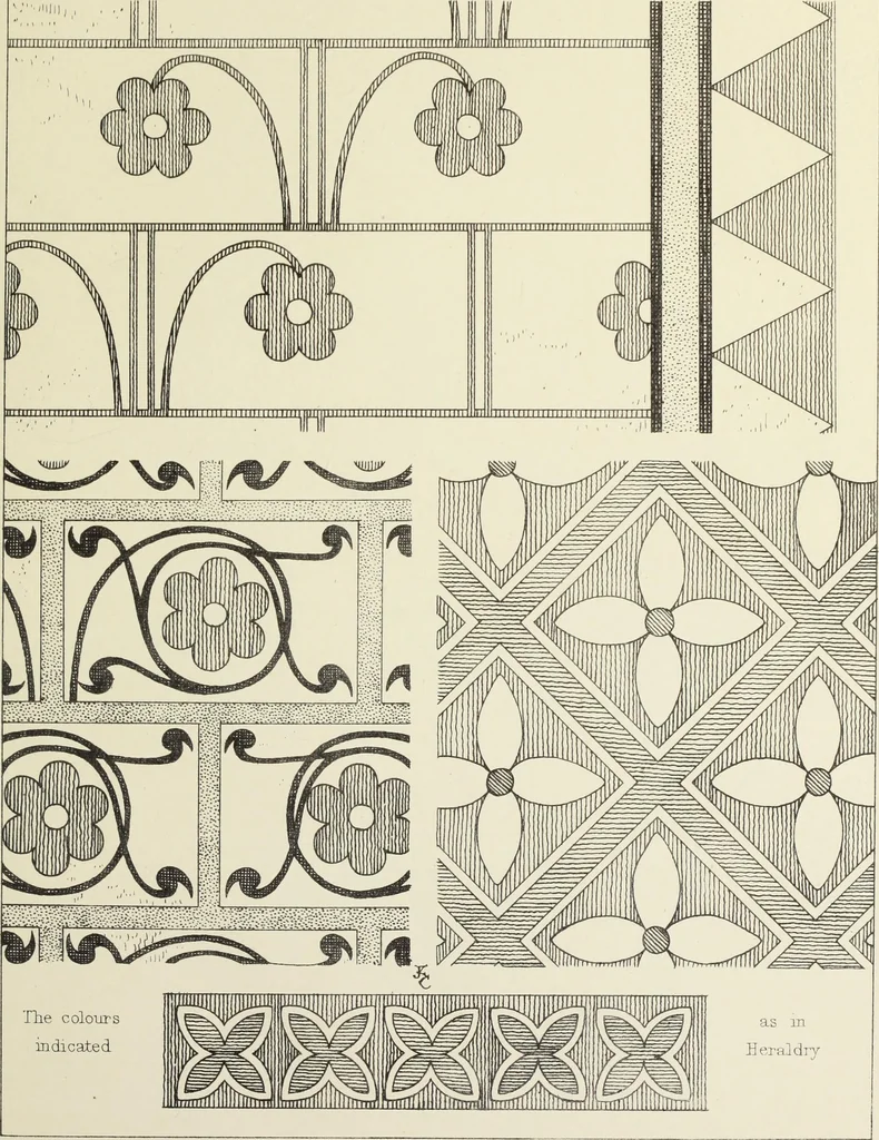 An illustration from Examples of English mediaeval foliage and coloured decoration, taken from buildings of the twelfth to the fifteenth century: with descriptive letterpress, 1874, leaf 357