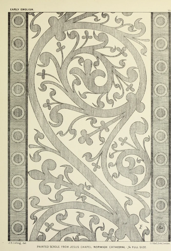 An illustration from Examples of English mediaeval foliage and coloured decoration, taken from buildings of the twelfth to the fifteenth century: with descriptive letterpress, 1874, leaf 361