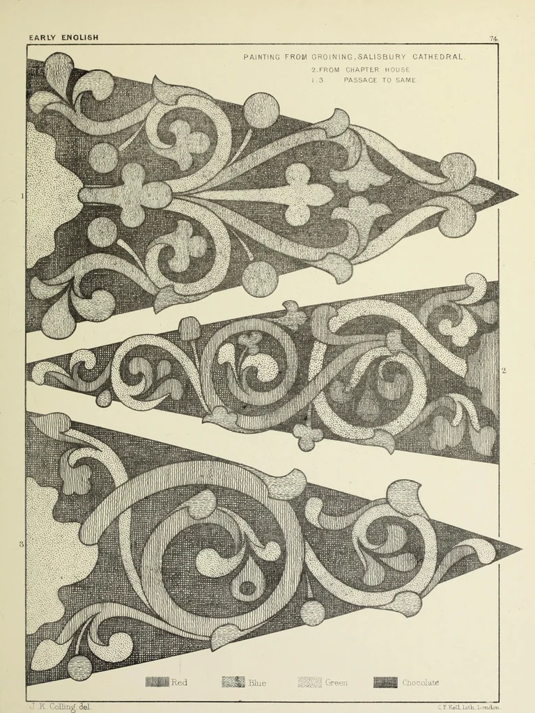 An illustration from Examples of English mediaeval foliage and coloured decoration, taken from buildings of the twelfth to the fifteenth century: with descriptive letterpress, 1874, leaf 365