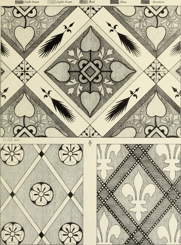 An illustration from Examples of English mediaeval foliage and coloured decoration, taken from buildings of the twelfth to the fifteenth century: with descriptive letterpress, 1874, leaf 369