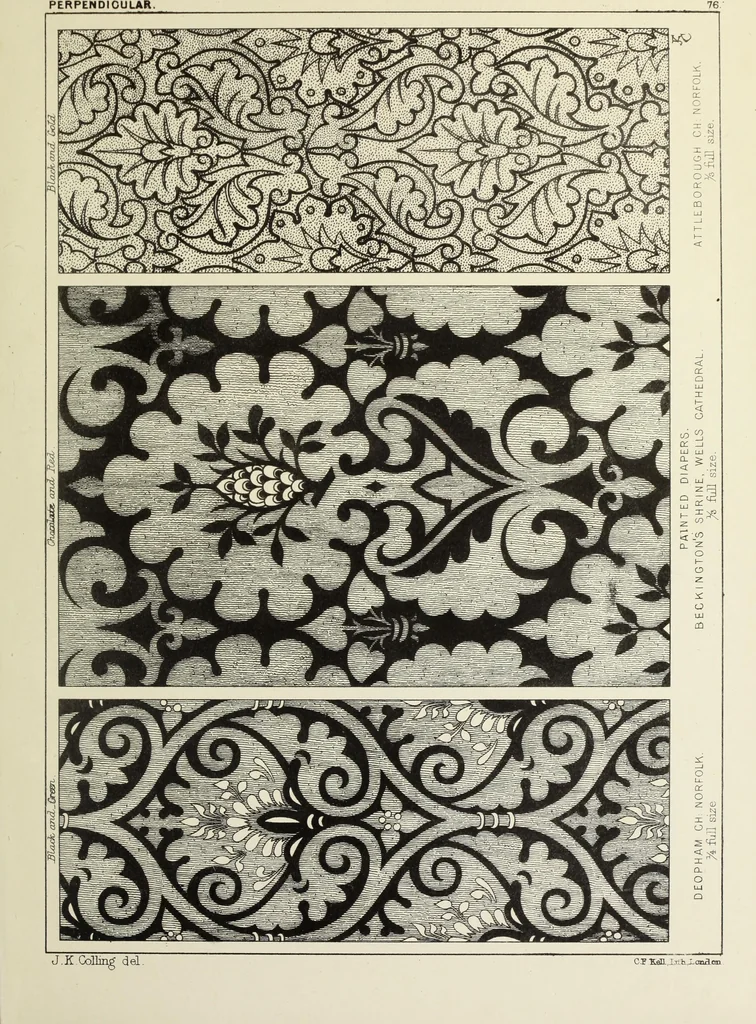 An illustration from Examples of English mediaeval foliage and coloured decoration, taken from buildings of the twelfth to the fifteenth century: with descriptive letterpress, 1874, leaf 373