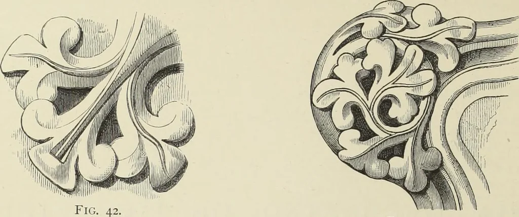 An illustration from Examples of English mediaeval foliage and coloured decoration, taken from buildings of the twelfth to the fifteenth century: with descriptive letterpress, 1874, leaf 54