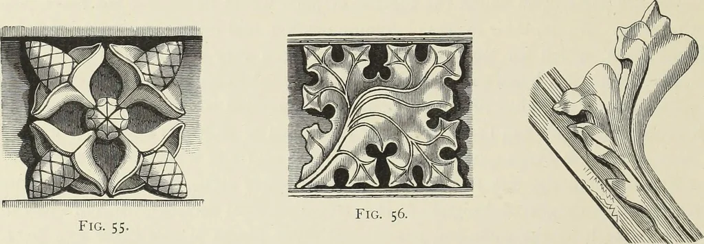 An illustration from Examples of English mediaeval foliage and coloured decoration, taken from buildings of the twelfth to the fifteenth century: with descriptive letterpress, 1874, leaf 66