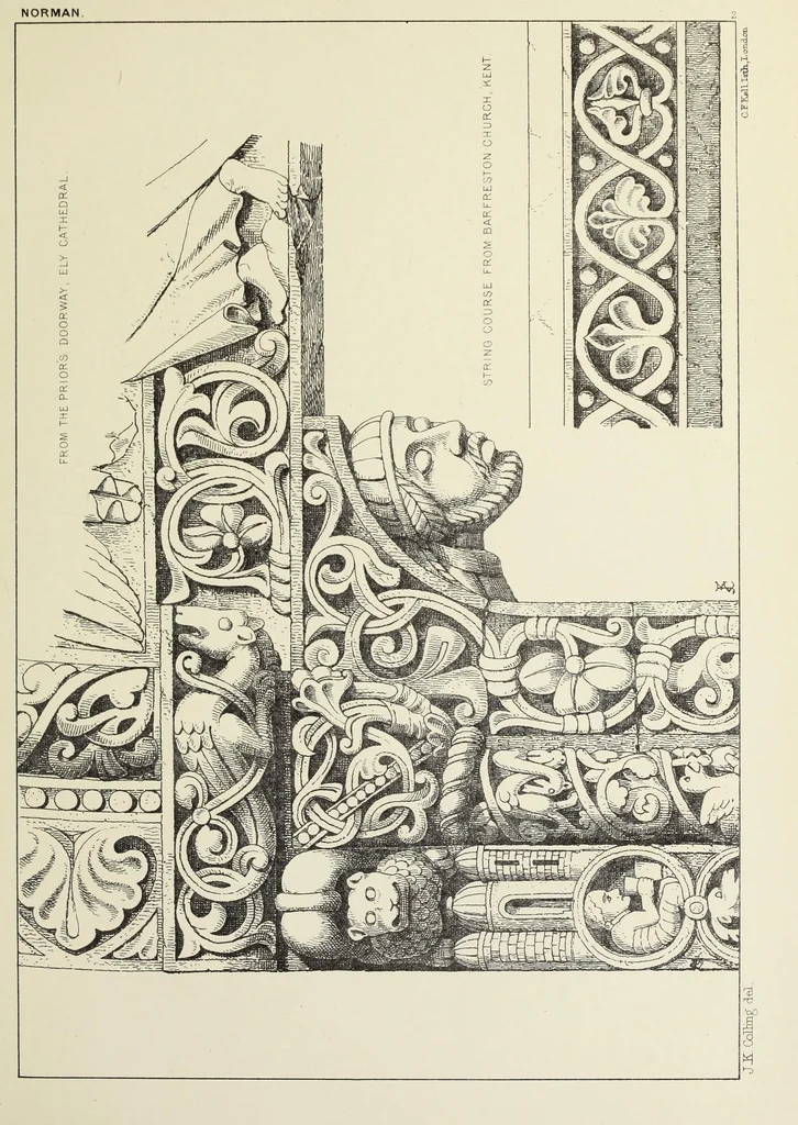 An illustration from Examples of English mediaeval foliage and coloured decoration, taken from buildings of the twelfth to the fifteenth century: with descriptive letterpress, 1874, leaf 77