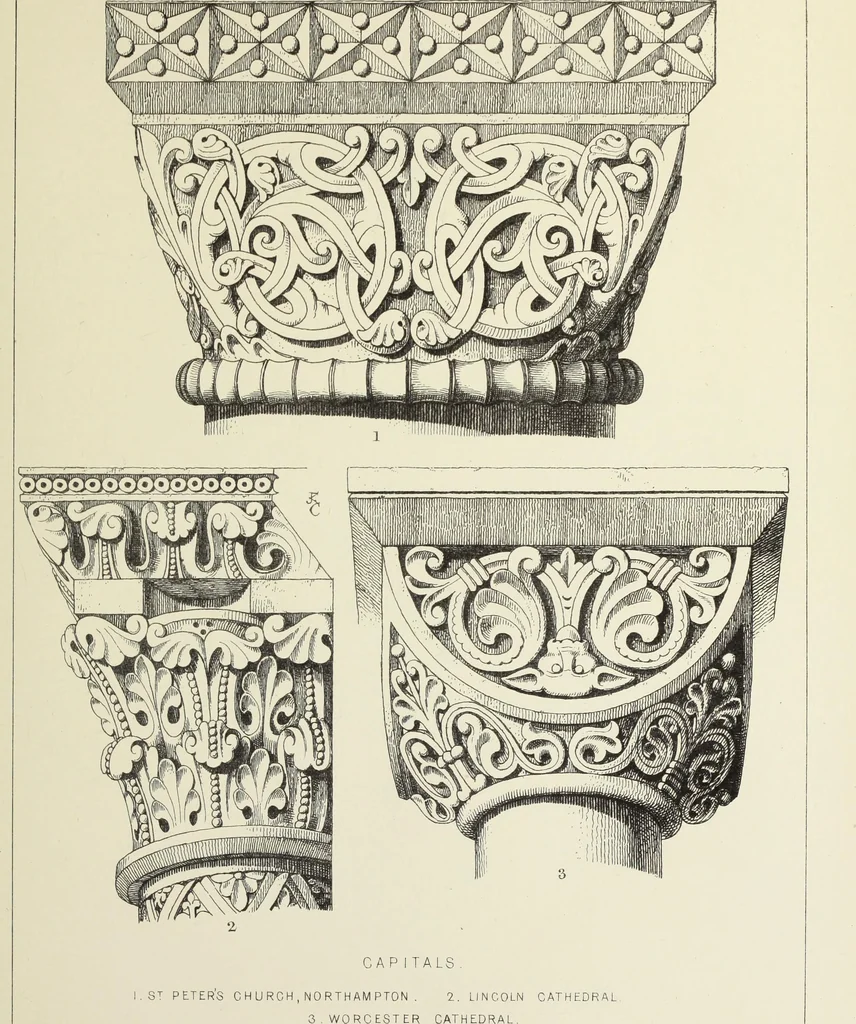 An illustration from Examples of English mediaeval foliage and coloured decoration, taken from buildings of the twelfth to the fifteenth century: with descriptive letterpress, 1874, leaf 93