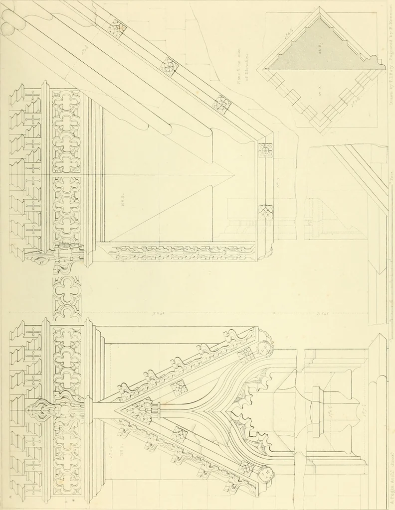 An illustration from Examples of Gothic architecture : selected from various ancient edifices in England : consisting of plans, elevations, sections, and parts at large : accompanied by historical and descriptive accounts, 1850, leaf 100
