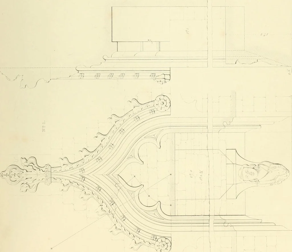 An illustration from Examples of Gothic architecture : selected from various ancient edifices in England : consisting of plans, elevations, sections, and parts at large : accompanied by historical and descriptive accounts, 1850, leaf 102