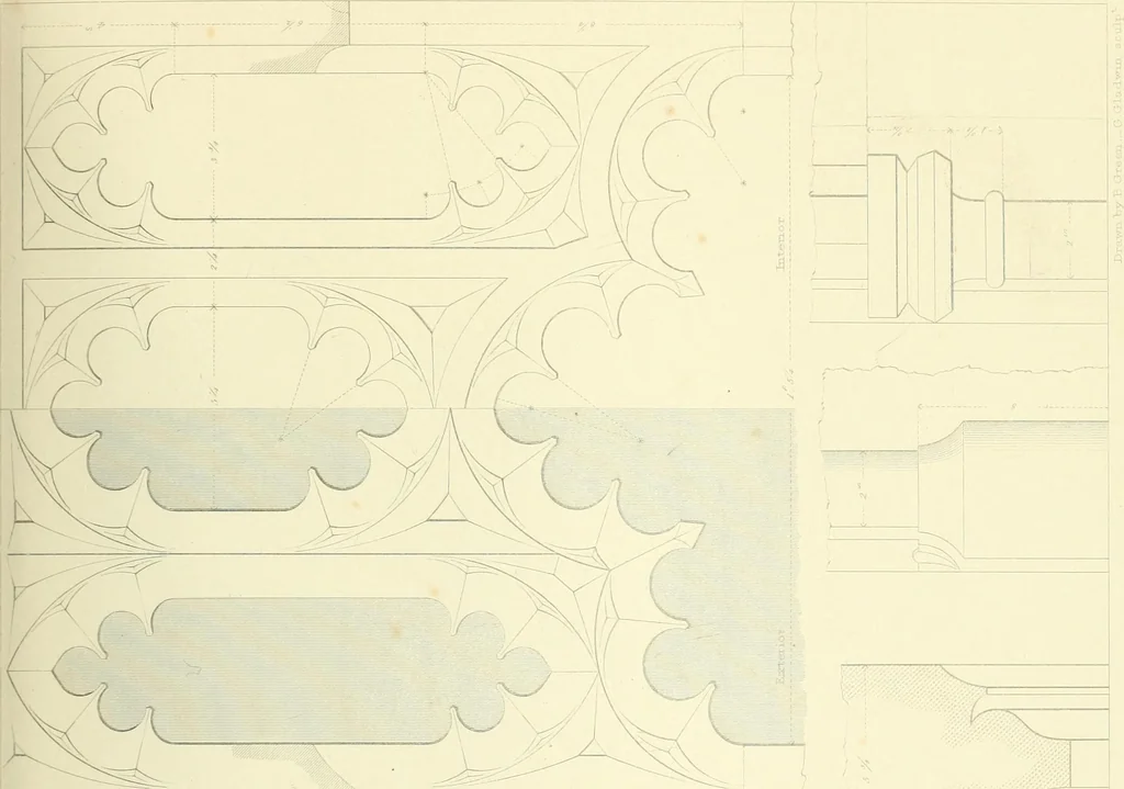 An illustration from Examples of Gothic architecture : selected from various ancient edifices in England : consisting of plans, elevations, sections, and parts at large : accompanied by historical and descriptive accounts, 1850, leaf 148