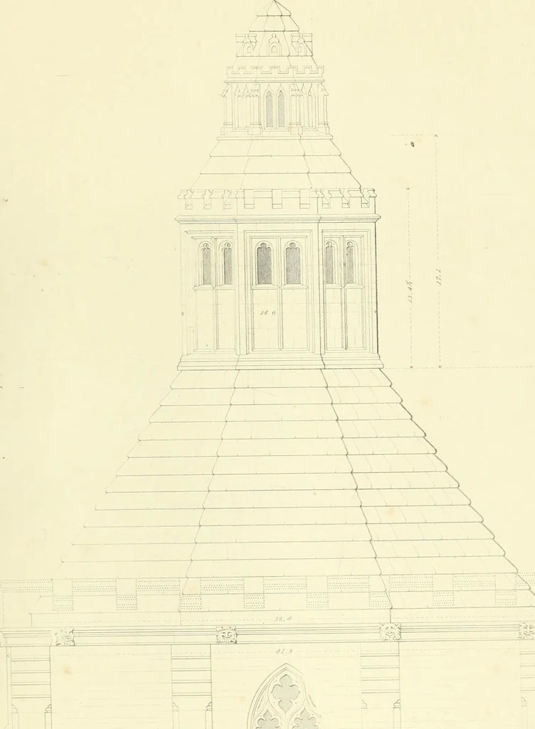 An illustration from Examples of Gothic architecture : selected from various ancient edifices in England : consisting of plans, elevations, sections, and parts at large : accompanied by historical and descriptive accounts, 1850, leaf 216