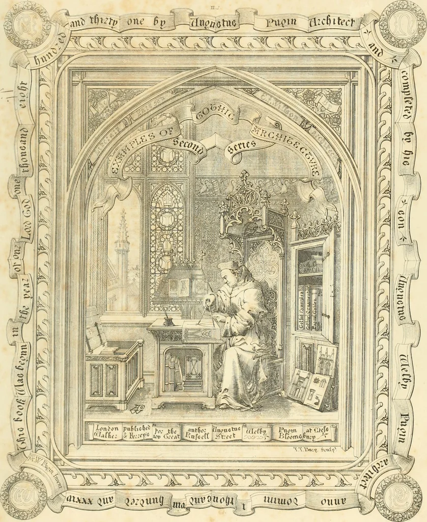 An illustration from Examples of Gothic architecture : selected from various ancient edifices in England : consisting of plans, elevations, sections, and parts at large : accompanied by historical and descriptive accounts, 1850, leaf 6