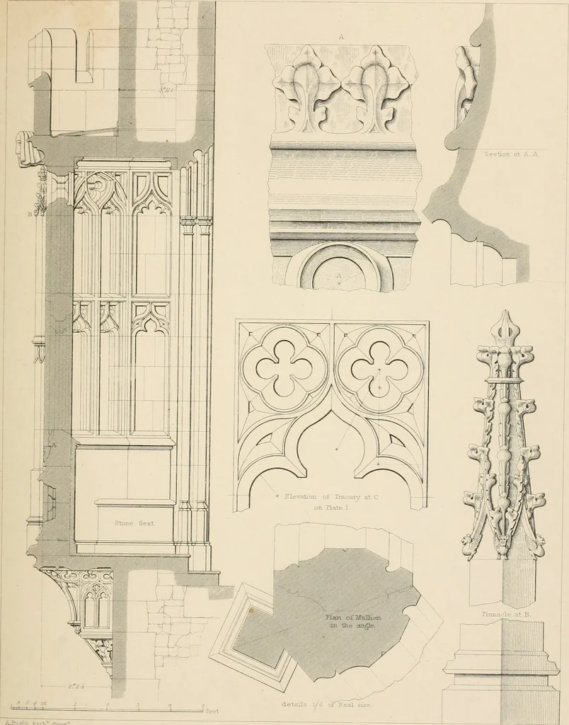 An illustration from Examples of Gothic architecture : selected from various antient edifices in England, consisting of plans, elevations, sections, and parts at large ... accompanied by historical and descriptive accounts, 1838, leaf 102