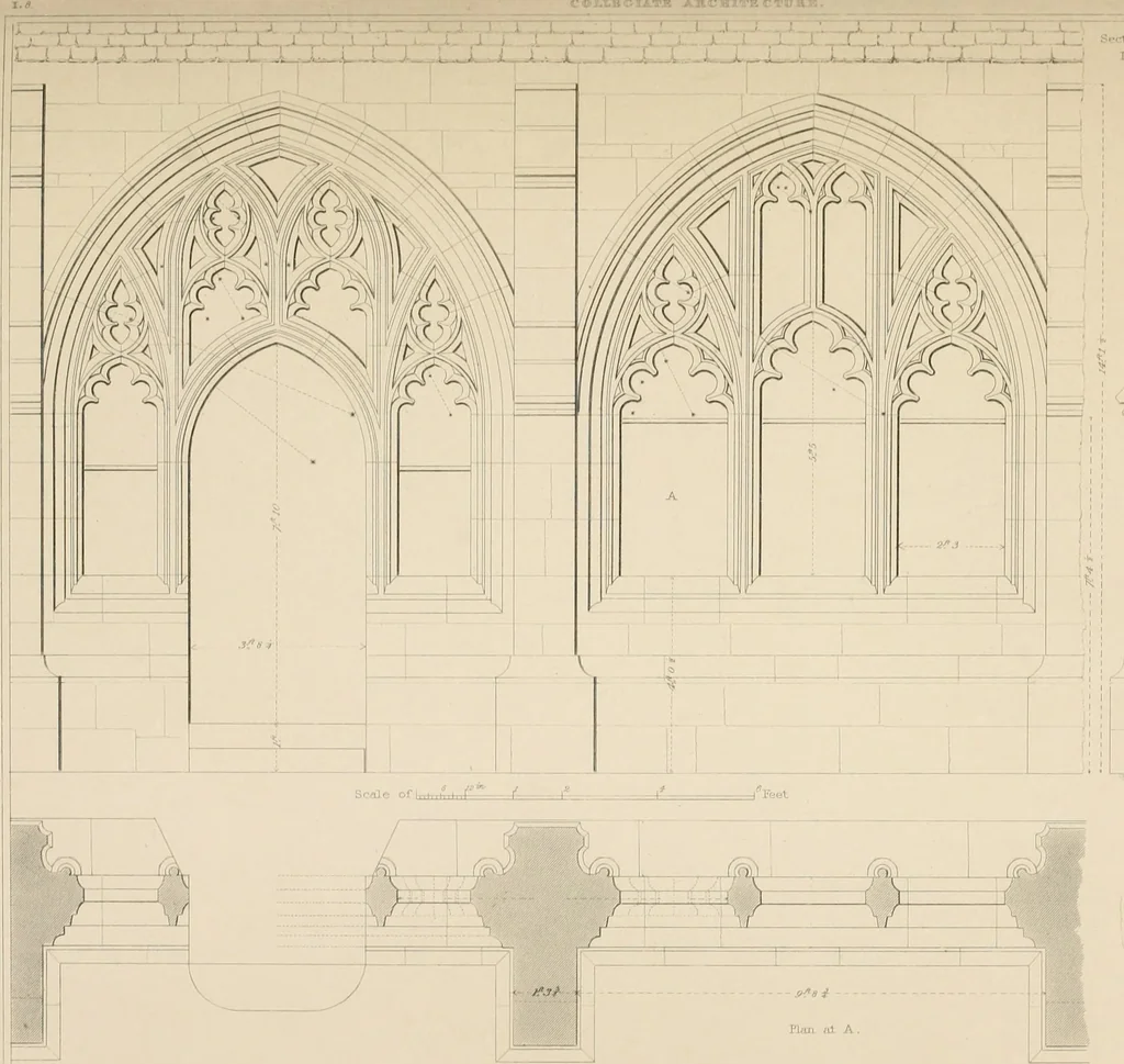An illustration from Examples of Gothic architecture : selected from various antient edifices in England, consisting of plans, elevations, sections, and parts at large ... accompanied by historical and descriptive accounts, 1838, leaf 104