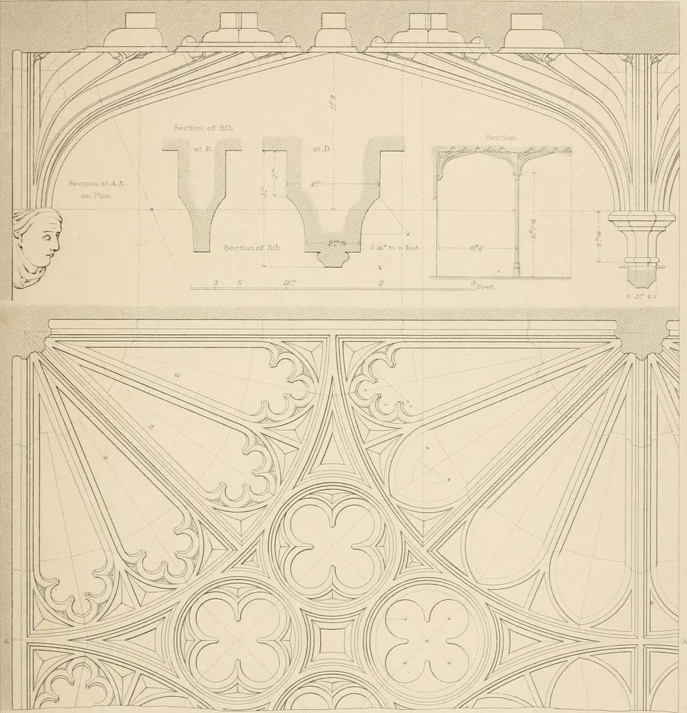 An illustration from Examples of Gothic architecture : selected from various antient edifices in England, consisting of plans, elevations, sections, and parts at large ... accompanied by historical and descriptive accounts, 1838, leaf 110