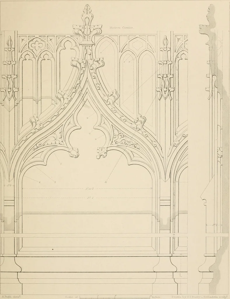 An illustration from Examples of Gothic architecture : selected from various antient edifices in England, consisting of plans, elevations, sections, and parts at large ... accompanied by historical and descriptive accounts, 1838, leaf 114