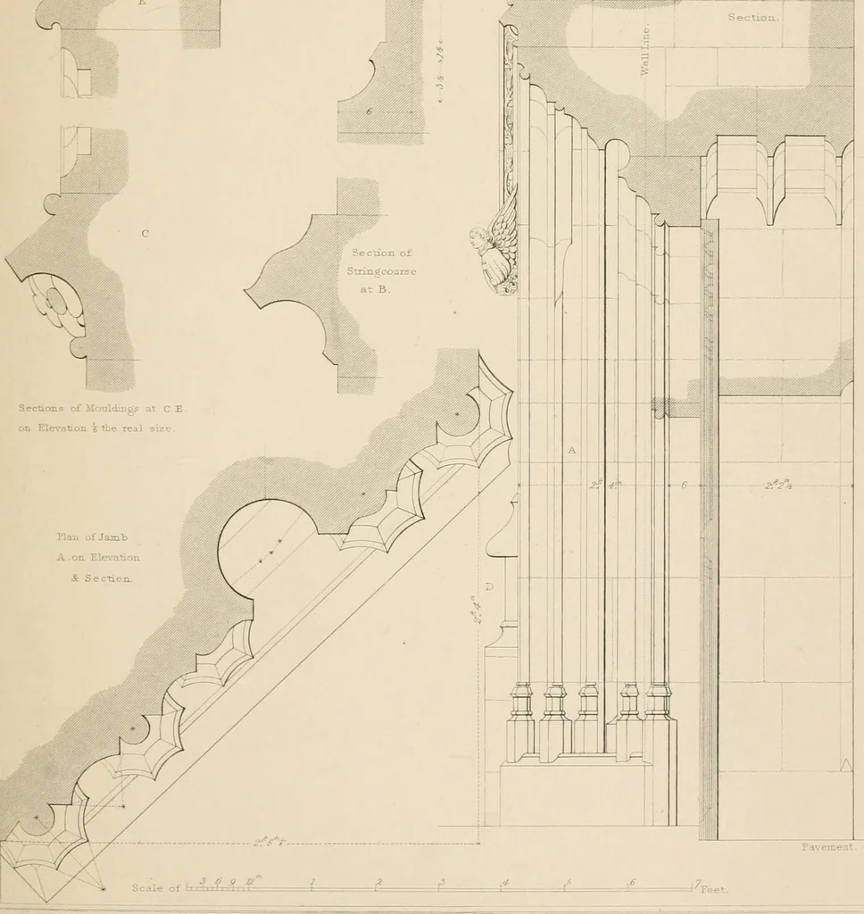An illustration from Examples of Gothic architecture : selected from various antient edifices in England, consisting of plans, elevations, sections, and parts at large ... accompanied by historical and descriptive accounts, 1838, leaf 124