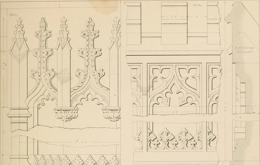 An illustration from Examples of Gothic architecture : selected from various antient edifices in England, consisting of plans, elevations, sections, and parts at large ... accompanied by historical and descriptive accounts, 1838, leaf 136
