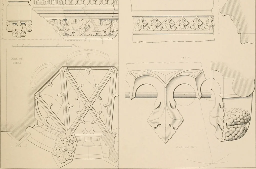 An illustration from Examples of Gothic architecture : selected from various antient edifices in England, consisting of plans, elevations, sections, and parts at large ... accompanied by historical and descriptive accounts, 1838, leaf 136