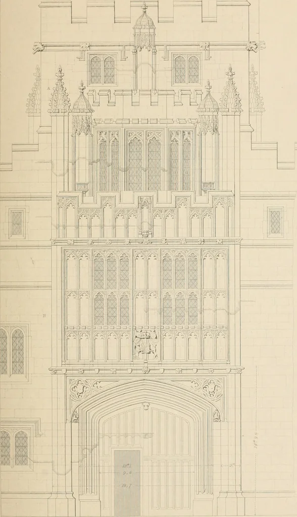 An illustration from Examples of Gothic architecture : selected from various antient edifices in England, consisting of plans, elevations, sections, and parts at large ... accompanied by historical and descriptive accounts, 1838, leaf 140