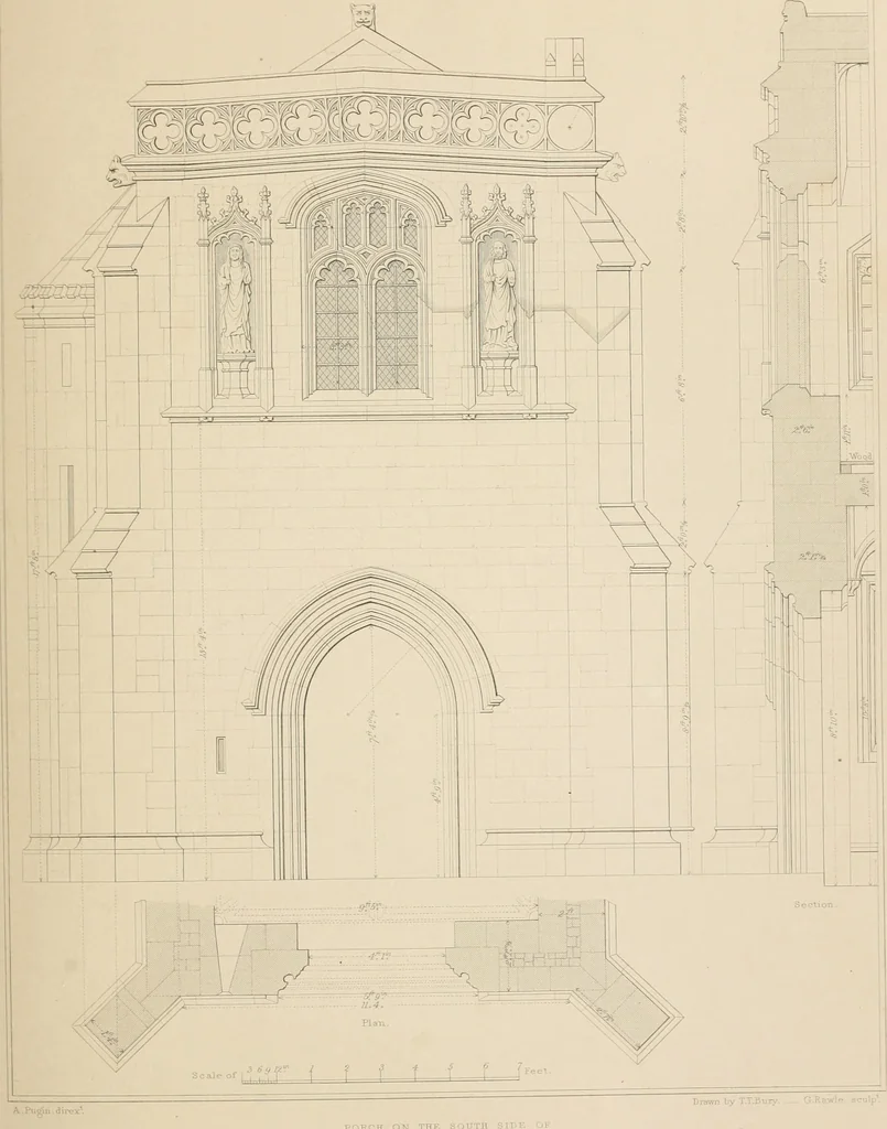 An illustration from Examples of Gothic architecture : selected from various antient edifices in England, consisting of plans, elevations, sections, and parts at large ... accompanied by historical and descriptive accounts, 1838, leaf 142