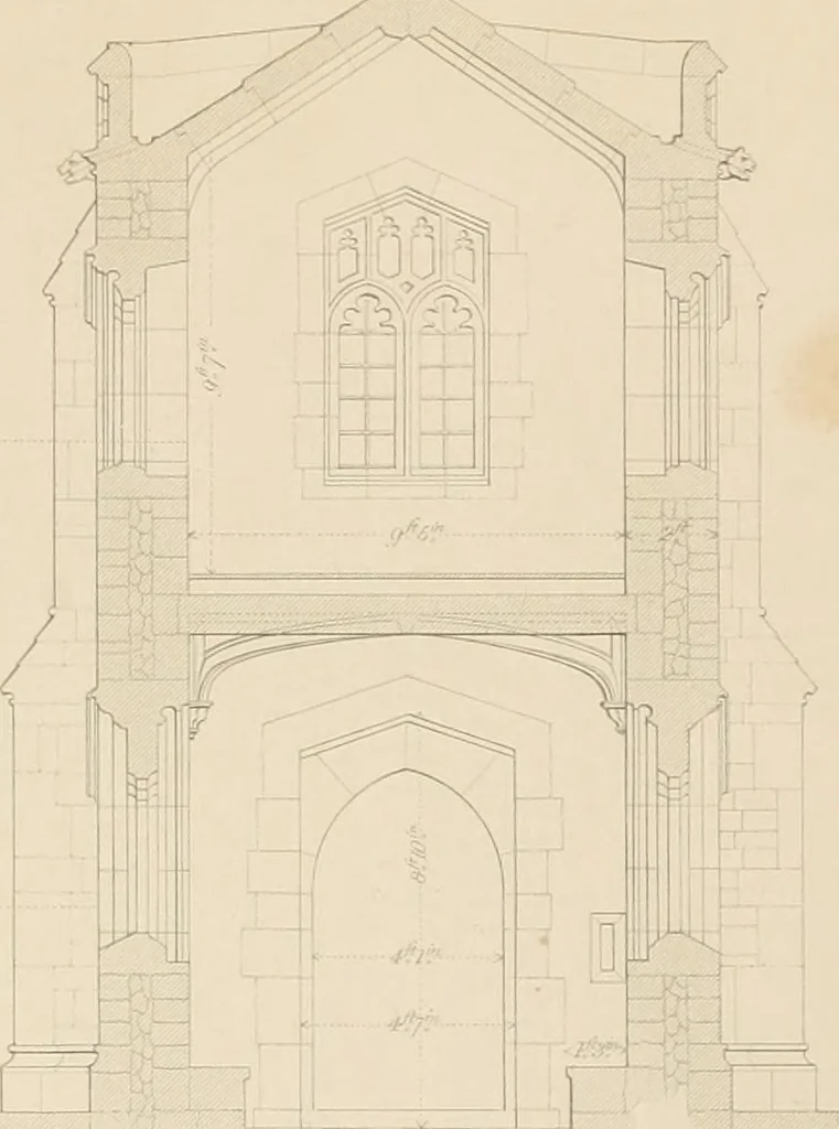 An illustration from Examples of Gothic architecture : selected from various antient edifices in England, consisting of plans, elevations, sections, and parts at large ... accompanied by historical and descriptive accounts, 1838, leaf 144
