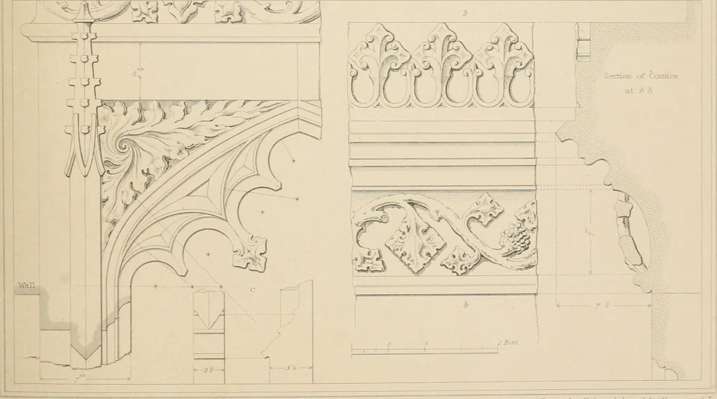 An illustration from Examples of Gothic architecture : selected from various antient edifices in England, consisting of plans, elevations, sections, and parts at large ... accompanied by historical and descriptive accounts, 1838, leaf 150