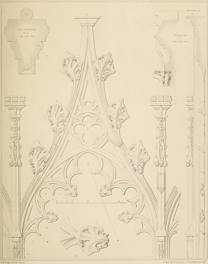 An illustration from Examples of Gothic architecture : selected from various antient edifices in England, consisting of plans, elevations, sections, and parts at large ... accompanied by historical and descriptive accounts, 1838, leaf 152