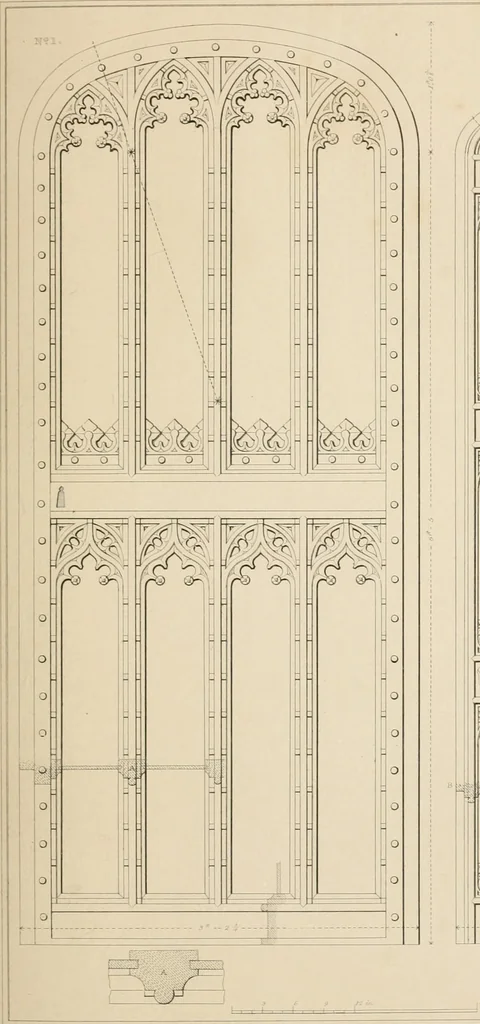 An illustration from Examples of Gothic architecture : selected from various antient edifices in England, consisting of plans, elevations, sections, and parts at large ... accompanied by historical and descriptive accounts, 1838, leaf 154