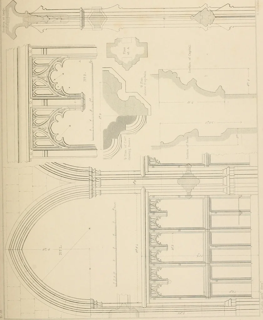 An illustration from Examples of Gothic architecture : selected from various antient edifices in England, consisting of plans, elevations, sections, and parts at large ... accompanied by historical and descriptive accounts, 1838, leaf 156