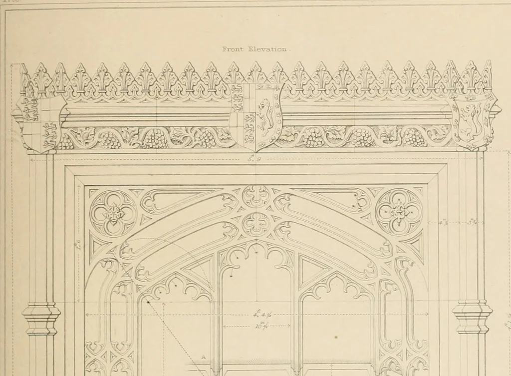 An illustration from Examples of Gothic architecture : selected from various antient edifices in England, consisting of plans, elevations, sections, and parts at large ... accompanied by historical and descriptive accounts, 1838, leaf 158