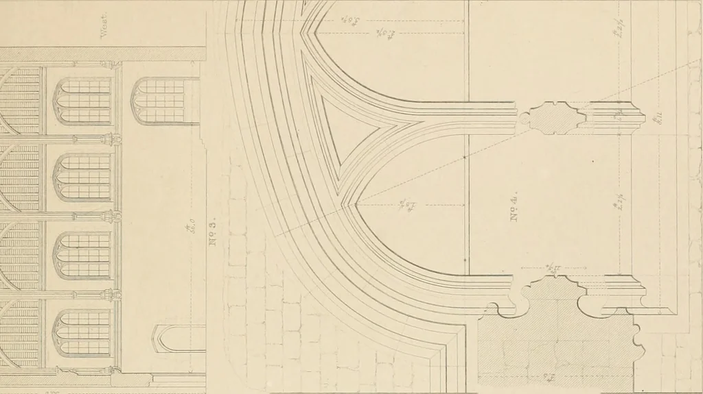 An illustration from Examples of Gothic architecture : selected from various antient edifices in England, consisting of plans, elevations, sections, and parts at large ... accompanied by historical and descriptive accounts, 1838, leaf 164