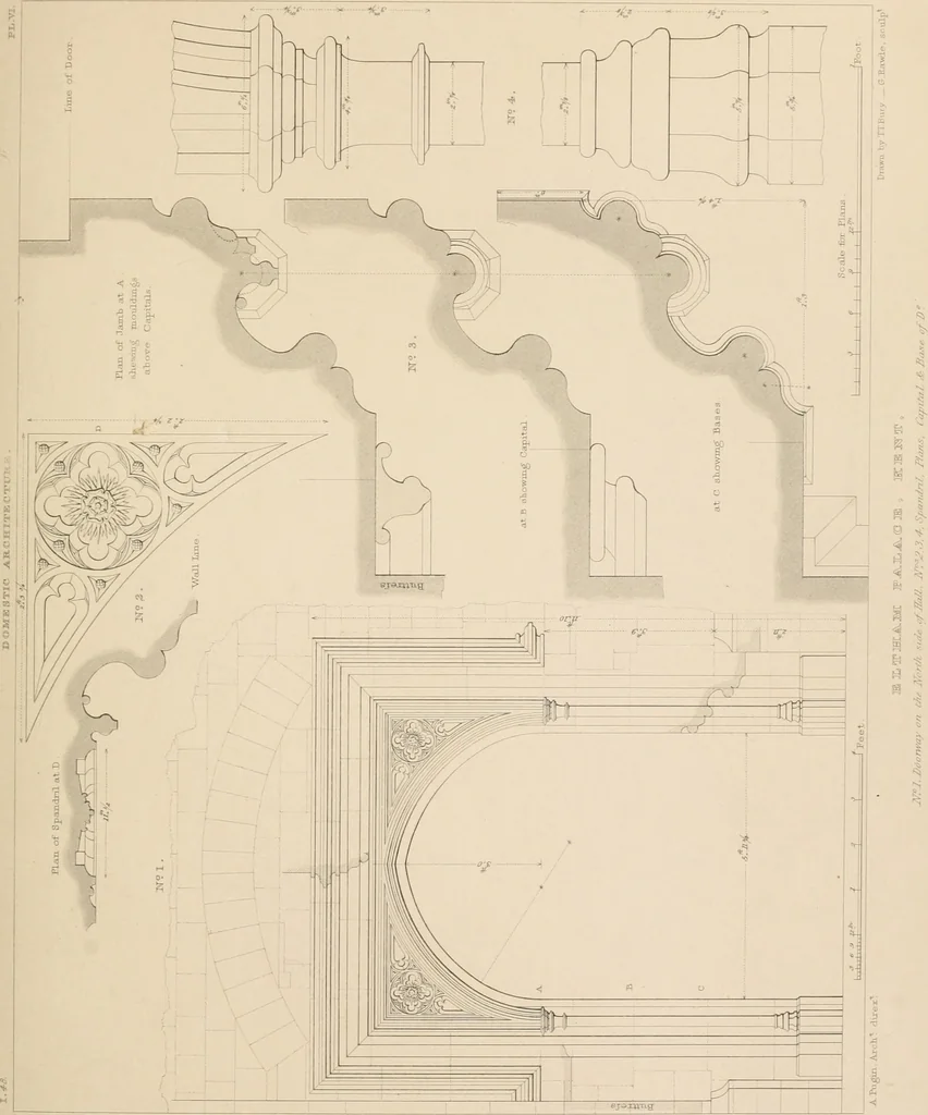 An illustration from Examples of Gothic architecture : selected from various antient edifices in England, consisting of plans, elevations, sections, and parts at large ... accompanied by historical and descriptive accounts, 1838, leaf 180