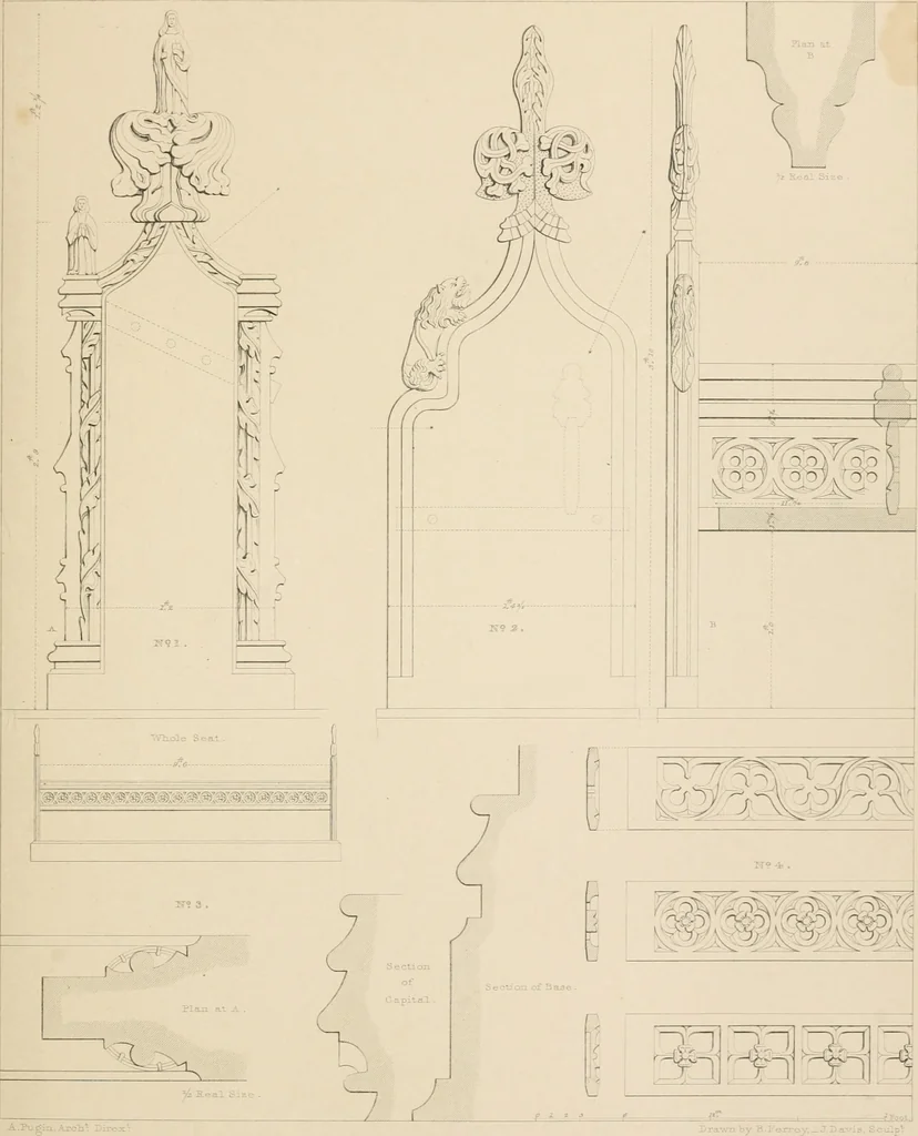 An illustration from Examples of Gothic architecture : selected from various antient edifices in England, consisting of plans, elevations, sections, and parts at large ... accompanied by historical and descriptive accounts, 1838, leaf 184