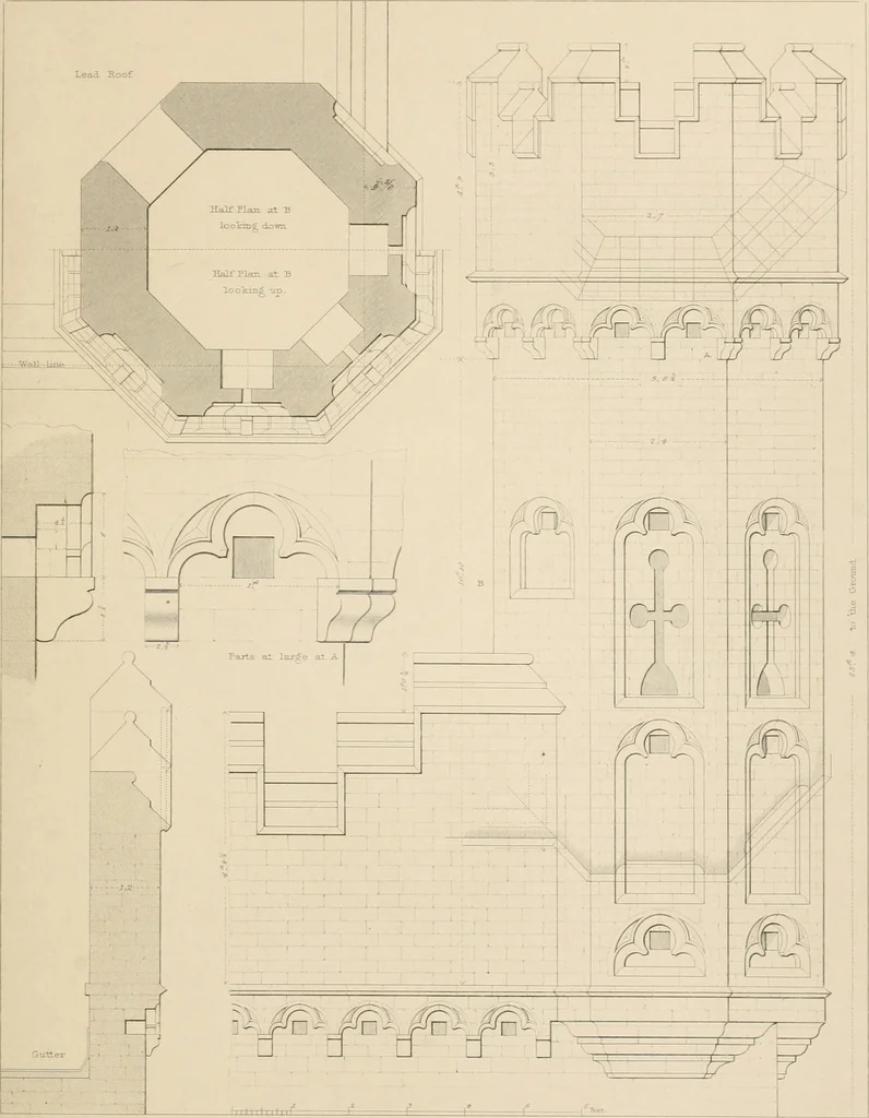 An illustration from Examples of Gothic architecture : selected from various antient edifices in England, consisting of plans, elevations, sections, and parts at large ... accompanied by historical and descriptive accounts, 1838, leaf 194