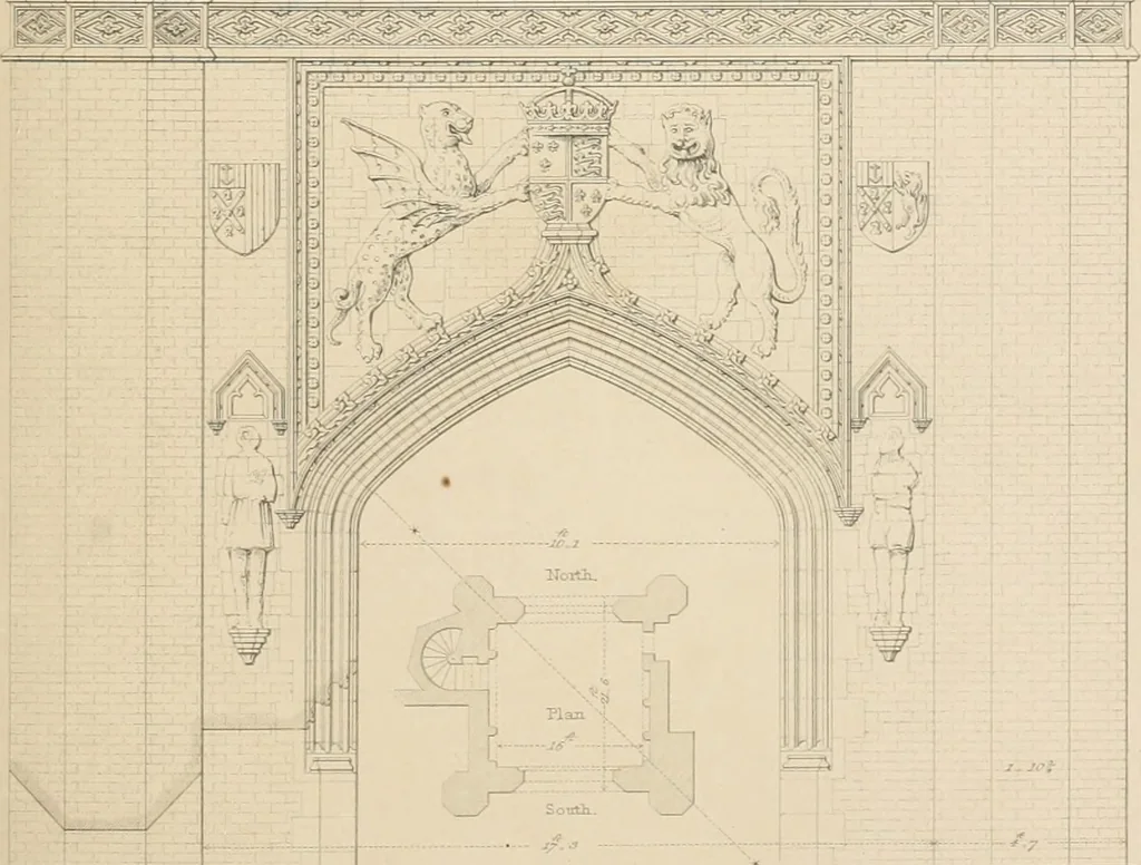 An illustration from Examples of Gothic architecture : selected from various antient edifices in England, consisting of plans, elevations, sections, and parts at large ... accompanied by historical and descriptive accounts, 1838, leaf 204