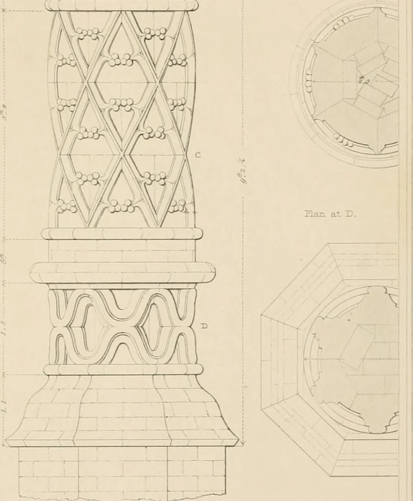 An illustration from Examples of Gothic architecture : selected from various antient edifices in England, consisting of plans, elevations, sections, and parts at large ... accompanied by historical and descriptive accounts, 1838, leaf 214