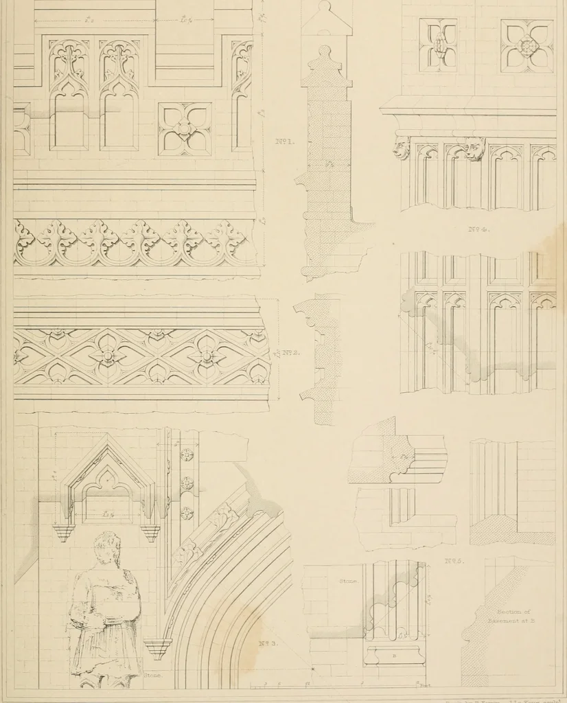 An illustration from Examples of Gothic architecture : selected from various antient edifices in England, consisting of plans, elevations, sections, and parts at large ... accompanied by historical and descriptive accounts, 1838, leaf 216