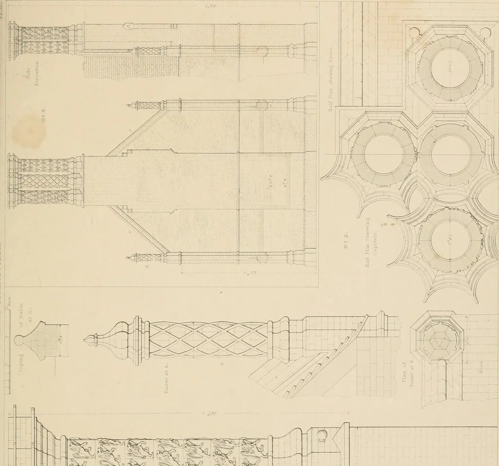 An illustration from Examples of Gothic architecture : selected from various antient edifices in England, consisting of plans, elevations, sections, and parts at large ... accompanied by historical and descriptive accounts, 1838, leaf 228
