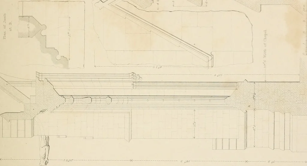 An illustration from Examples of Gothic architecture : selected from various antient edifices in England, consisting of plans, elevations, sections, and parts at large ... accompanied by historical and descriptive accounts, 1838, leaf 98