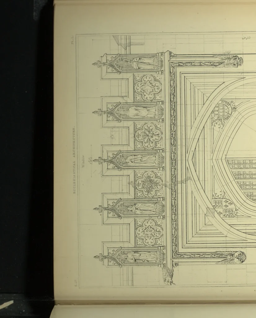An illustration from Examples of Gothic architecture : selected from various ancient edifices in England ; consisting of plans, elevations, sections, and parts at large ; calculated to exemplify the various styles and the practical construction of this admired class of architecture ; accompanied by historical and descriptive accounts, 1895, leaf 120