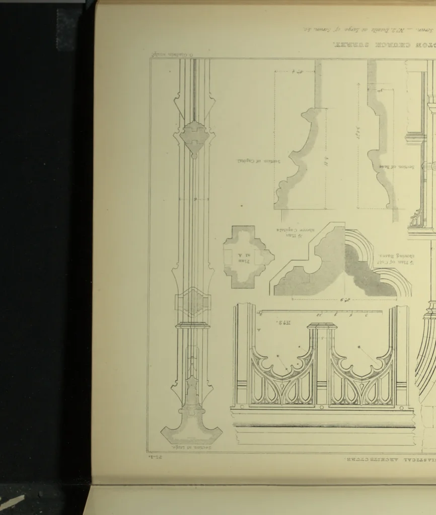 An illustration from Examples of Gothic architecture : selected from various ancient edifices in England ; consisting of plans, elevations, sections, and parts at large ; calculated to exemplify the various styles and the practical construction of this admired class of architecture ; accompanied by historical and descriptive accounts, 1895, leaf 156