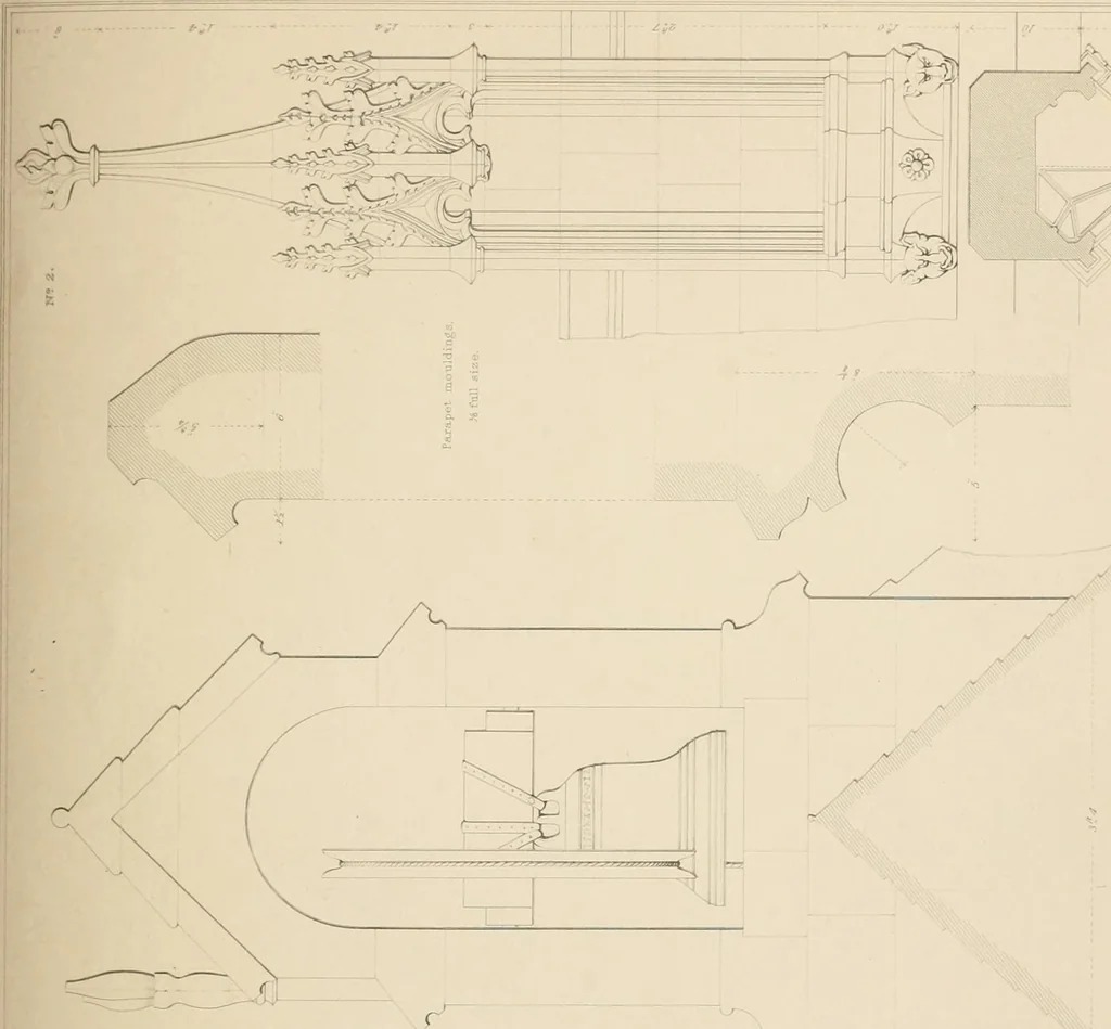 An illustration from Examples of Gothic architecture : selected from various antient edifices in England, consisting of plans, elevations, sections, and parts at large ... accompanied by historical and descriptive accounts, 1838, leaf 140