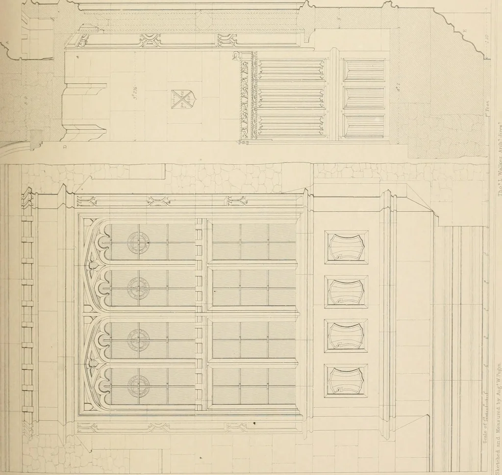 An illustration from Examples of Gothic architecture : selected from various antient edifices in England, consisting of plans, elevations, sections, and parts at large ... accompanied by historical and descriptive accounts, 1838, leaf 148