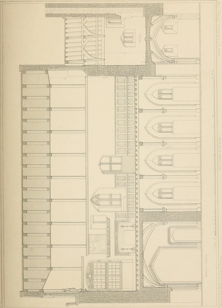 An illustration from Examples of Gothic architecture : selected from various antient edifices in England, consisting of plans, elevations, sections, and parts at large ... accompanied by historical and descriptive accounts, 1838, leaf 160